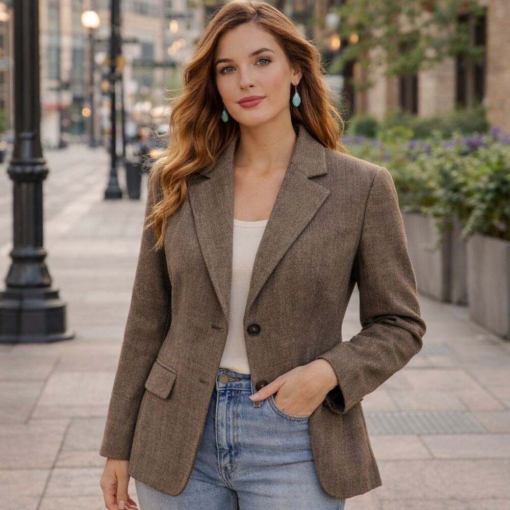 East 5th Herringbone Blazer Womens Sz 12 Petite Brown Classic Career-wear Jacket